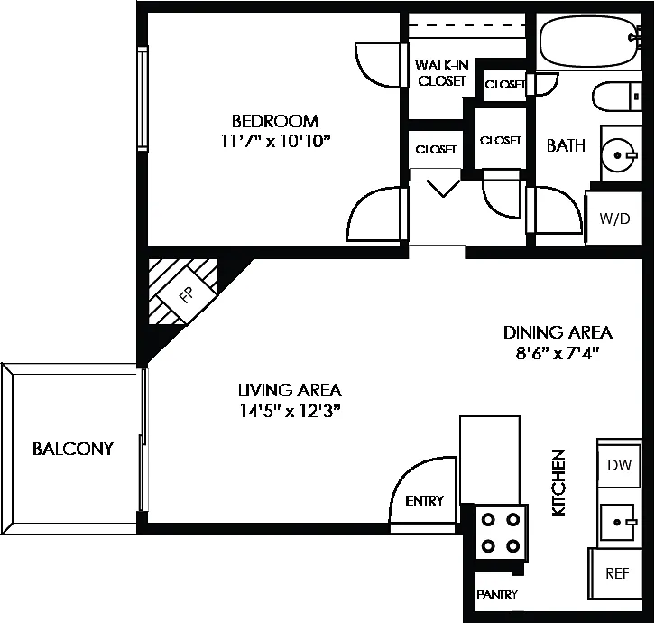 Floor plan One Bed One Bath- Renovated