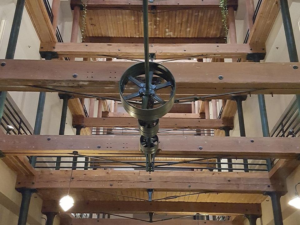 View of original machinery from 1st to 6th floor and sky lights on roof
