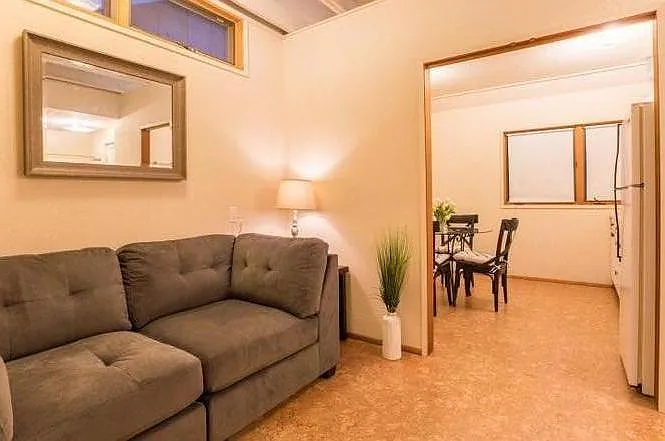 This is a small studio. This spot where the sofa is is where the bed goes. There is no separate bedroom. This is the view from the front door. As you come in you see the bed/sofa on your left, the bathroom and closet are to the right and the kitchen/dinin