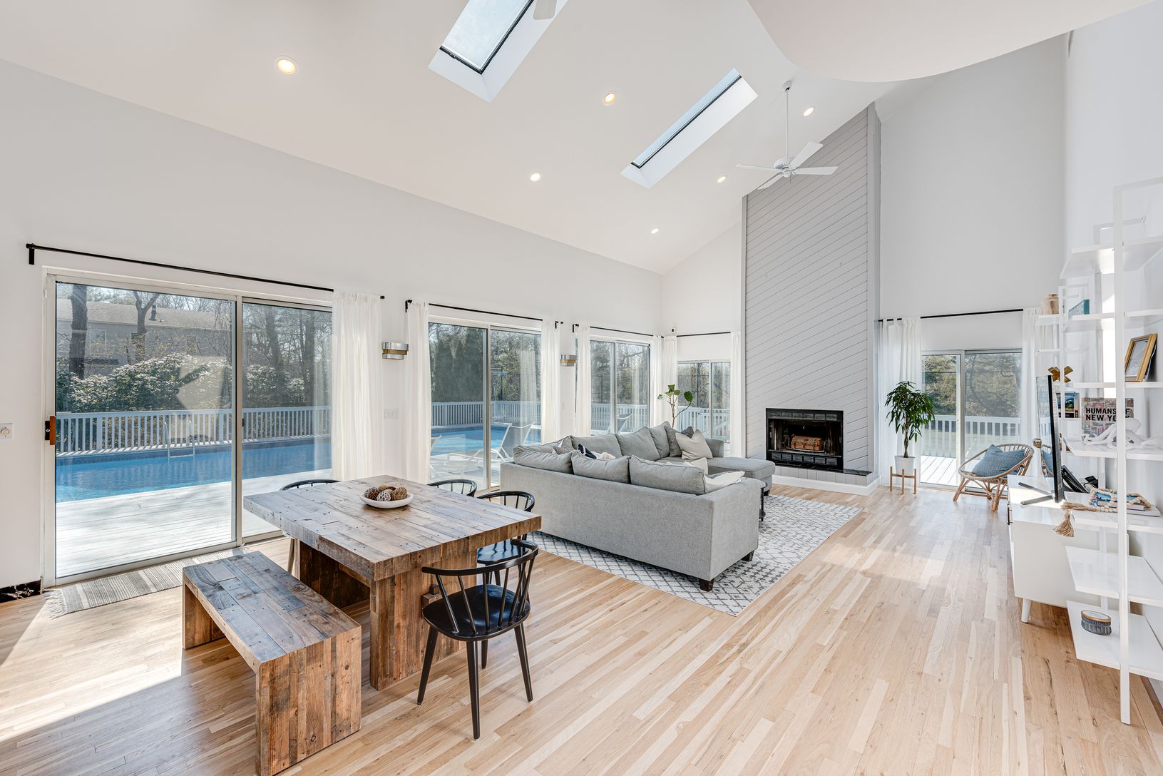  Open living/dining area with wood burning fireplace