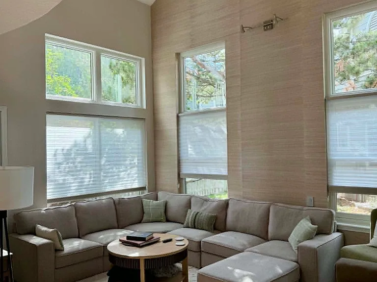 Shared living room with high vaulted ceilings, large couch, TV, and space for books on the mantle over the gas fireplace.