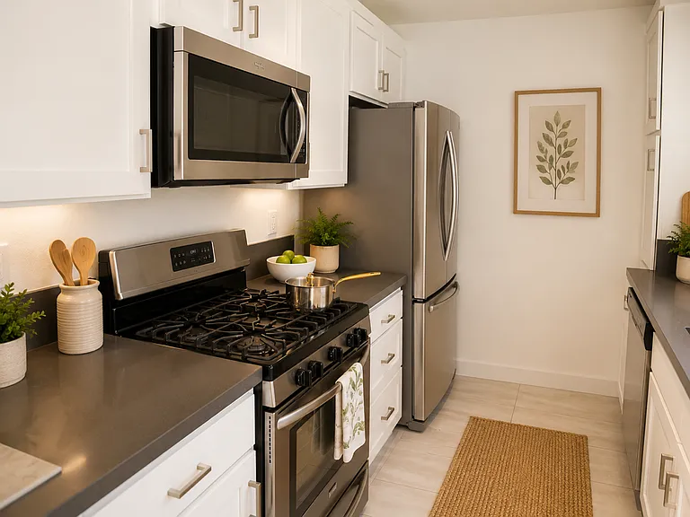 Galley kitdhen with stainless steel appliances