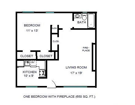 Floor plan 1 Bedroom with Fireplace