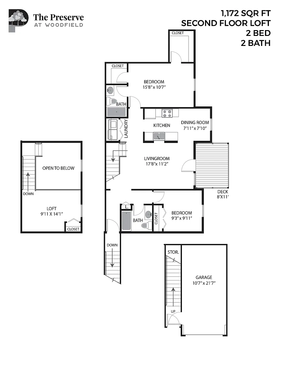 Floor plan 2 Bedroom 2 Bath Loft (1172 Sq. Ft.)
