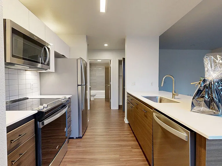Apartment kitchen with stainless steel appliances, quartz countertops, and wood-style flooring.