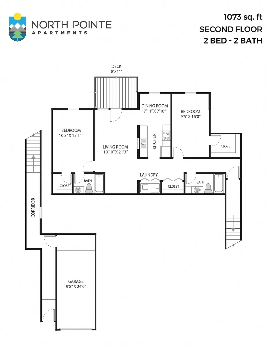 Floor plan 2 Bed, 2 Bath - 1,073 sq ft