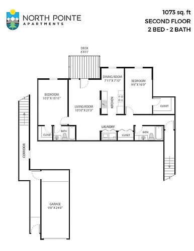 Floor plan 2 Bed, 2 Bath - 1,073 sq ft