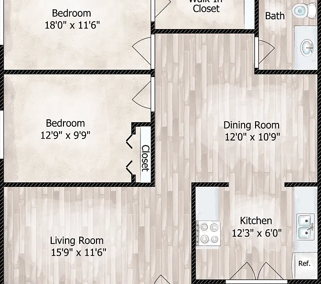 2 Bed 1 Bath Floorplan Diagram