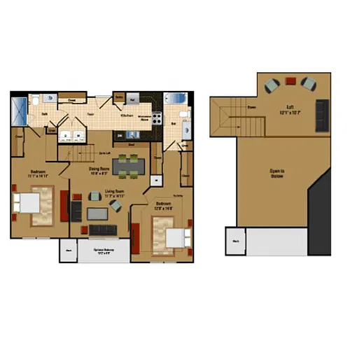 Floor plan 2 Bed + Loft, 2 Bath 1172 SF BL2