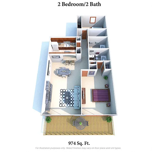 Floor plan Two Bedroom Two Bath - 974SqFt