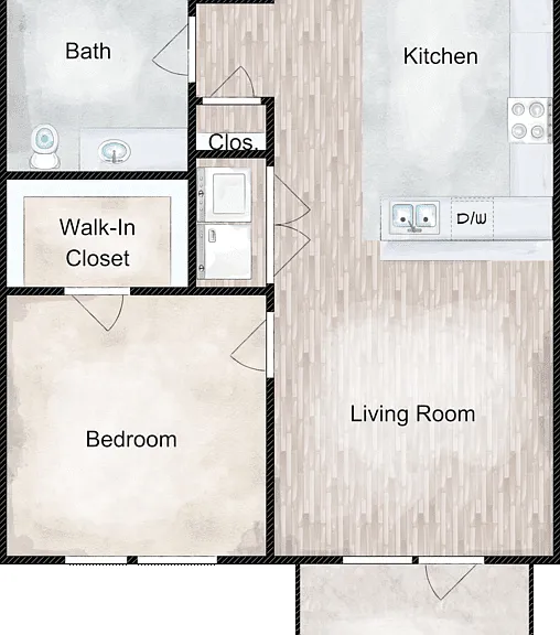 1 Bed 1 Bath Floorplan Diagram