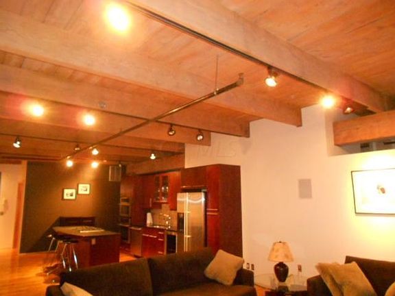 Beamed ceiling in great room