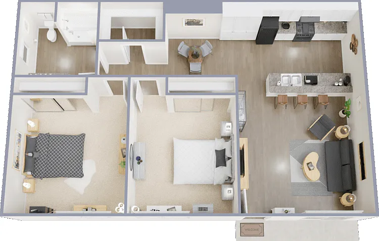 2 Bed 1 Bath Floorplan Diagram