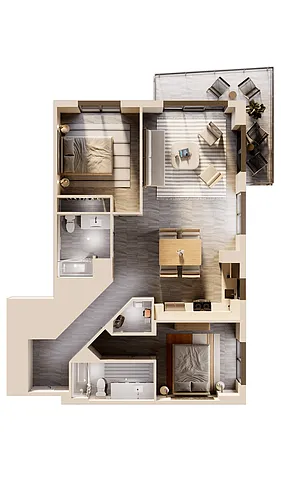 Floor plan East 2 BR Wraparound City View
