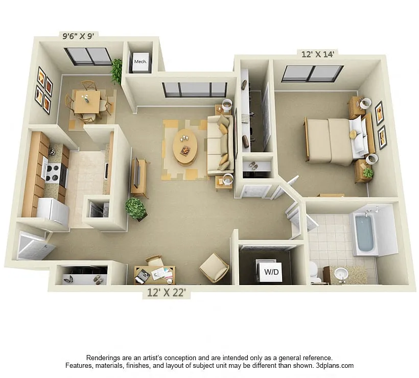 Floor plan 1 BR 1 BA - Style B
