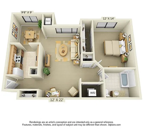 Floor plan 1 BR 1 BA - Style B