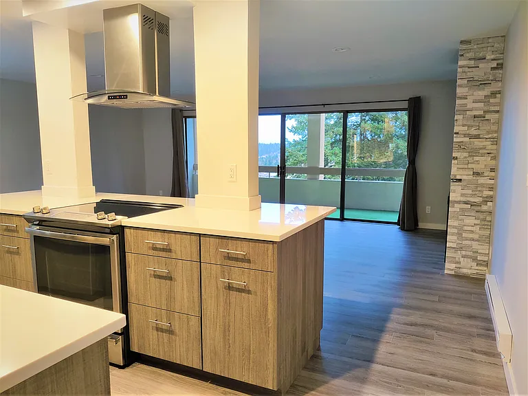 open kitchen and island with seating optional.