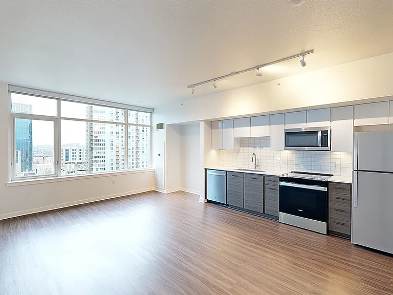 Apartment kitchen with stainless steel appliances, dining and living room with wood-style flooring.