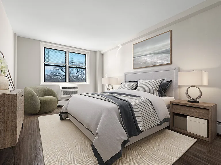 Elegant bedroom with a modern design, featuring a cozy bed, stylish furniture, and a bright window view