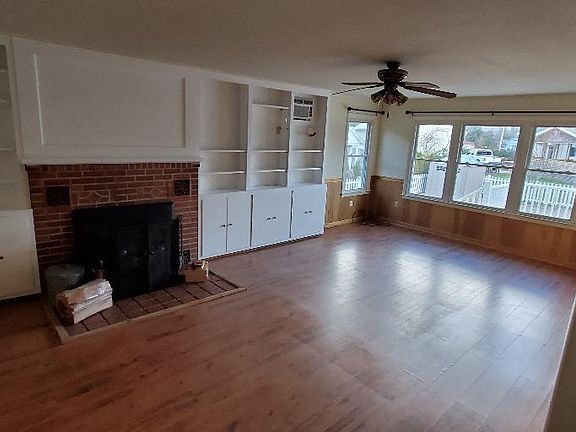 family room with wood stove
