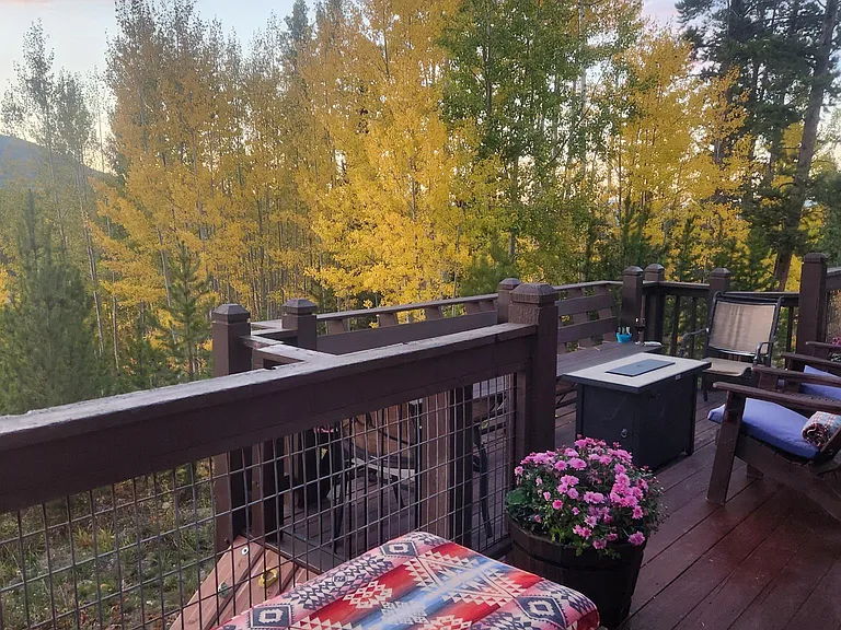 Back deck with grill, fire feature, propane heaters and climbing wall