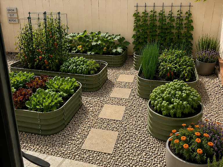 Rendering plan; vegetable garden in process