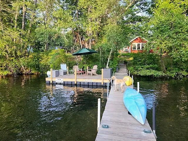 Dock and floating "Barge" for relaxing waterside, kayaks and paddleboard.
