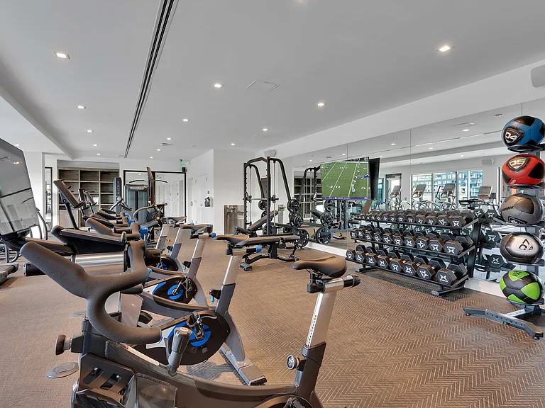 Modern fitness center with state-of-the-art cardio machines, free weights, and motivational amenities.