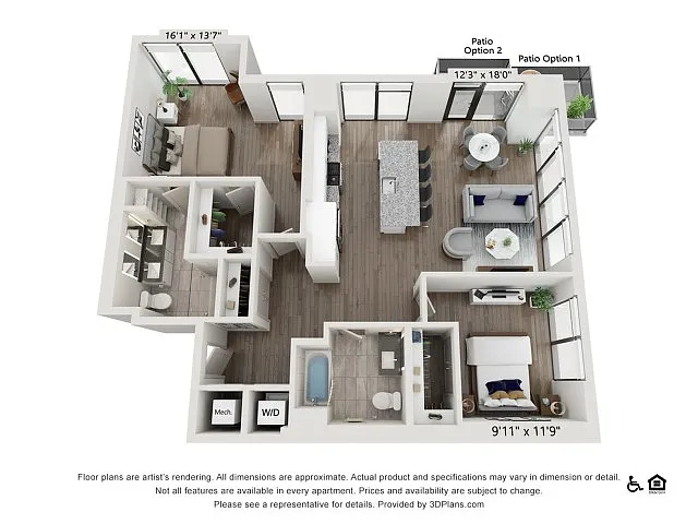 Floor plan Two Bedroom Two Bath (1254 SF)