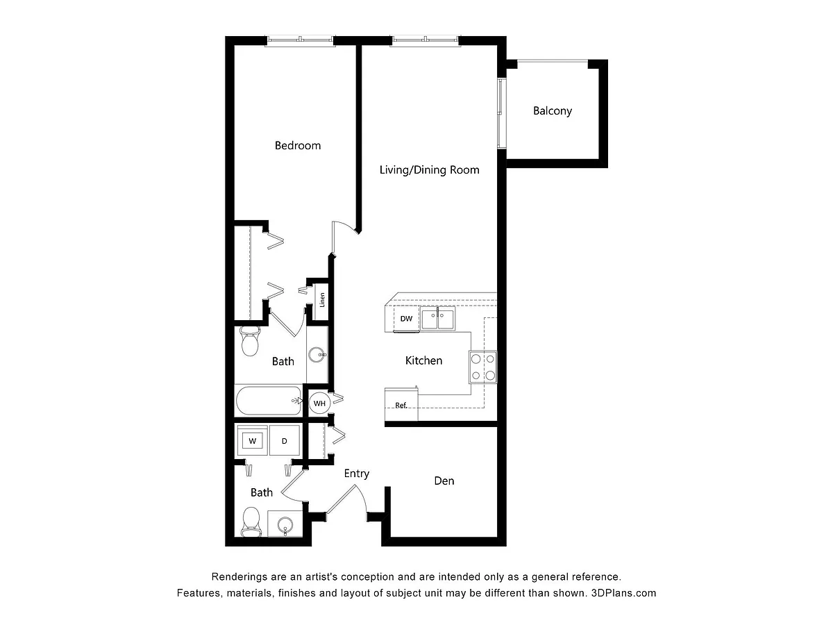 Floor plan AD1 One Bed One & Half Bath + Den