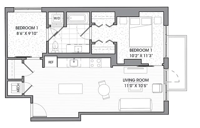 Floor plan One Bedroom One Bath Den (788 SF)