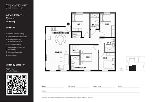 Floor plan 601 Private Bedroom 4 Bed 2 Bath K