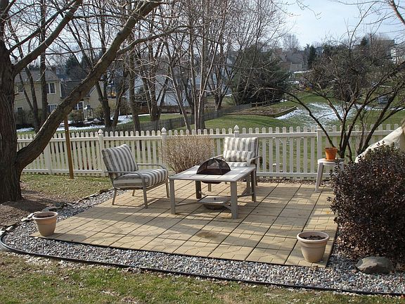 Shaded patio in fenced in backyard
