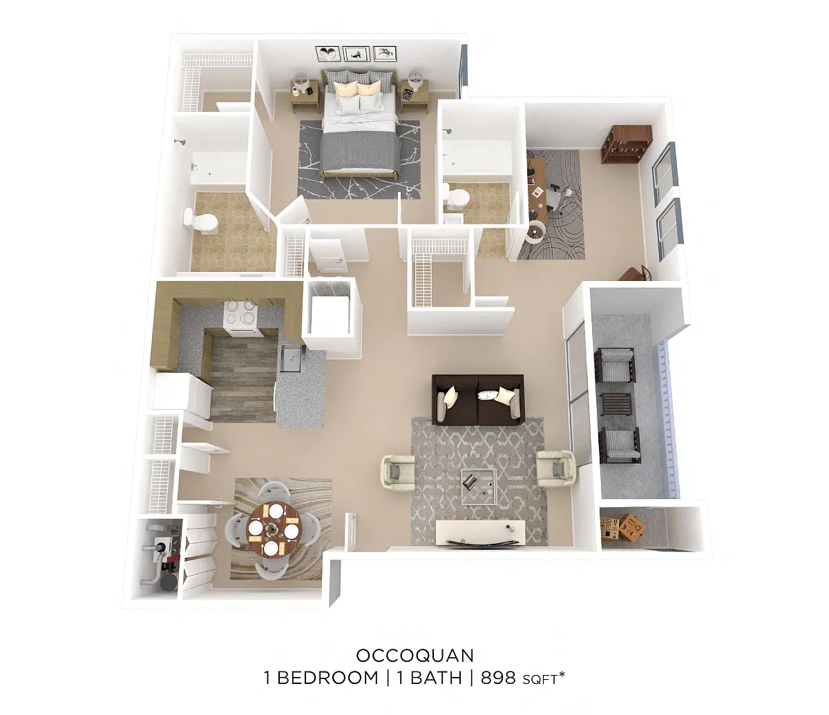 Floor plan One Bedroom 2 Bath w/ Den - 898 sqft