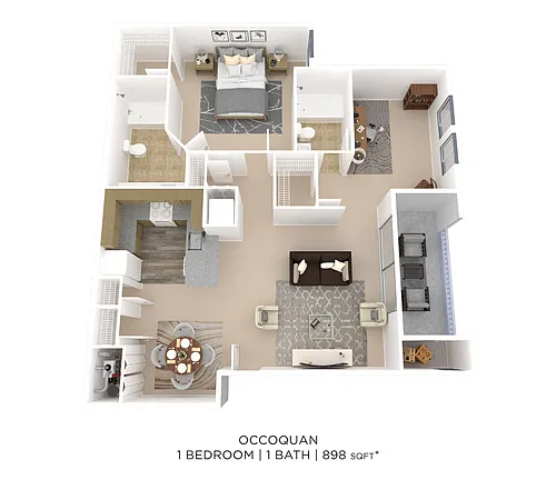 Floor plan One Bedroom 2 Bath w/ Den - 898 sqft