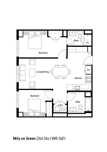 Floor plan 2B2B-F 885sf