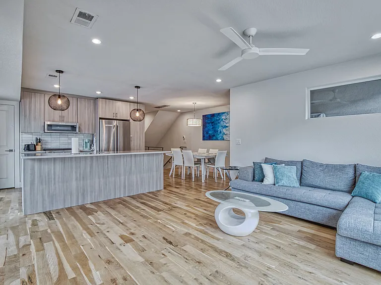 Living room, kitchen, and dining view