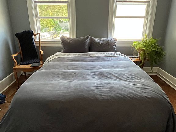 The primary bedroom is in the rear of the apartment.
