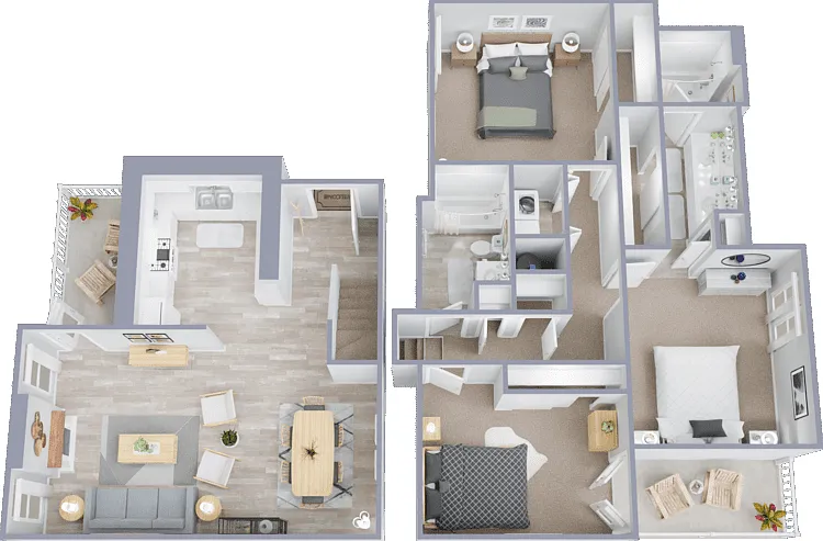 3 Bed 2 Bath - Townhome - Plan A Floorplan Diagram