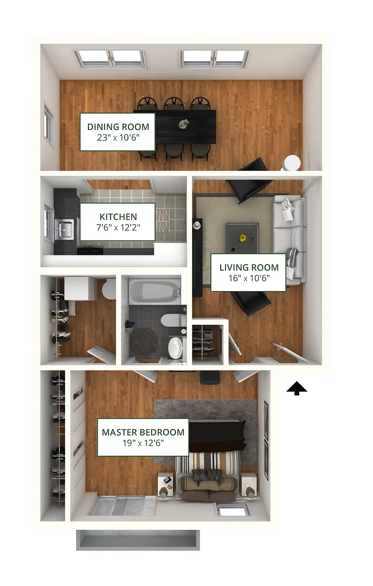 Floor plan 1BR 1BA (800 SF)