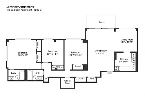 Floor plan 3BR 2BA (1245sf)