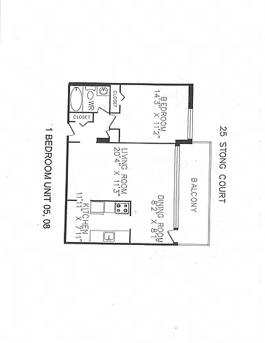 Floor plan 1 bedroom, 1 bathroom with a balcony