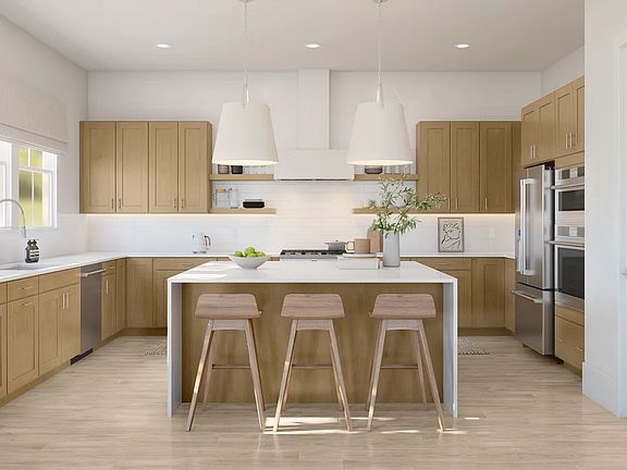 Kitchen with wood-stained cabinets floating shelves