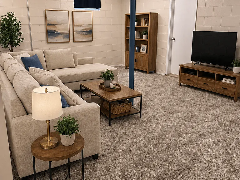 Newly carpeted basement.