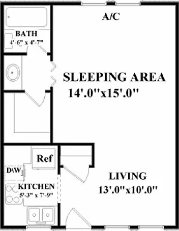Fully Renovated Studio Floorplan with full Kitchen, open vanity and closed off water closet. Fully Renovated Studio Floorplan with full Kitchen, open vanity and closed off water closet.