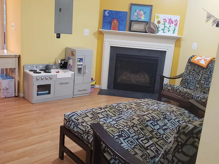 Basement with fireplace