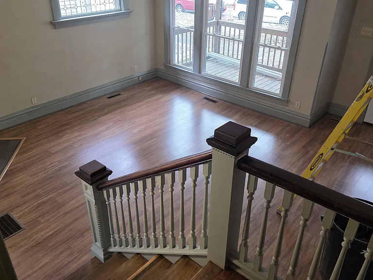 View into the living room down the stairs.