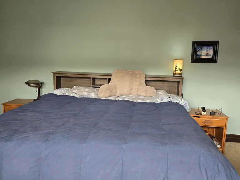 Master bedroom with king bed. Custom paint image surrounds the top of the room. Not shown is another 55" smart TV to watch from the comfy king sized bed