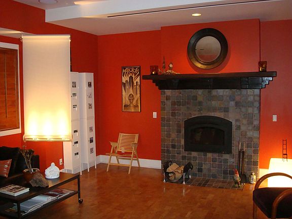 Living Room: Theater, wood fireplace
