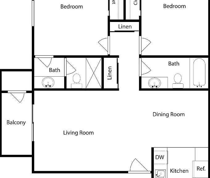 Two-Bedroom, Two-Bathroom (B) Floorplan Diagram